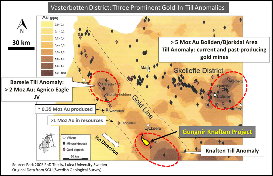 Figure 2: Gold-in-till Anomalies in the Vasterbotten District